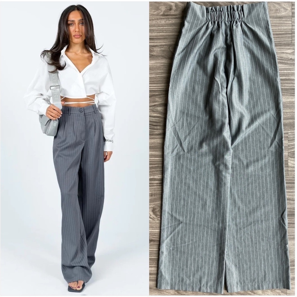 Princess Polly Womens High Waisted Straight Leg Pants Pinstripe Grey and White